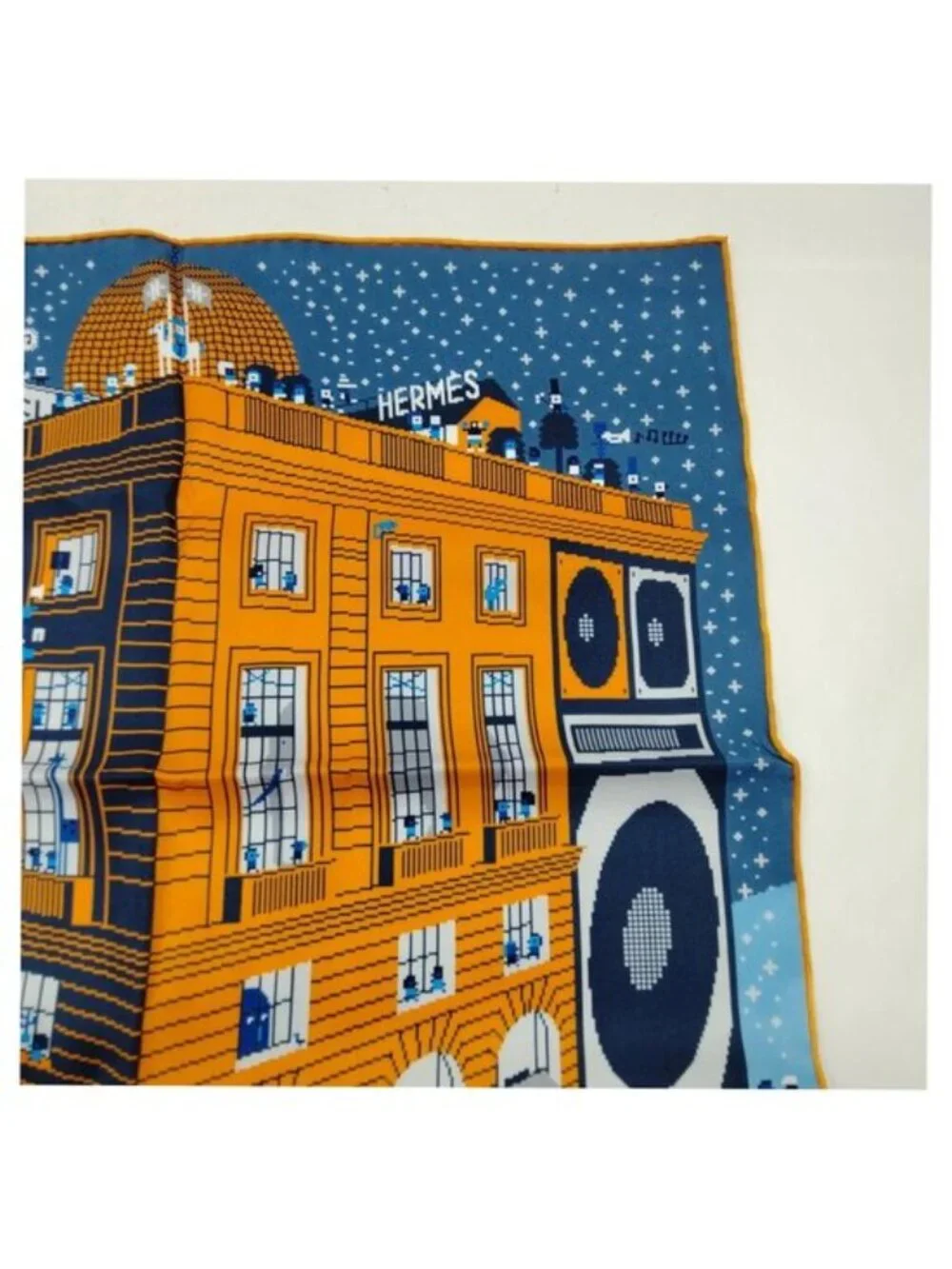 Authentic Hermès Paris Silk Gavroche Scarf Blue Yellow Pixel Art Square Luxury